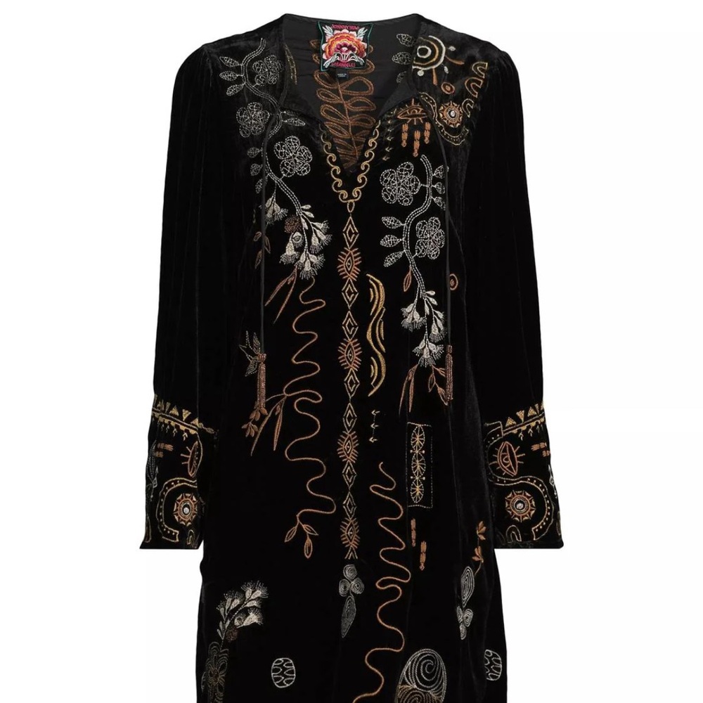 Johnny Was Black Velvet Dress with Embroidered Patterns XS